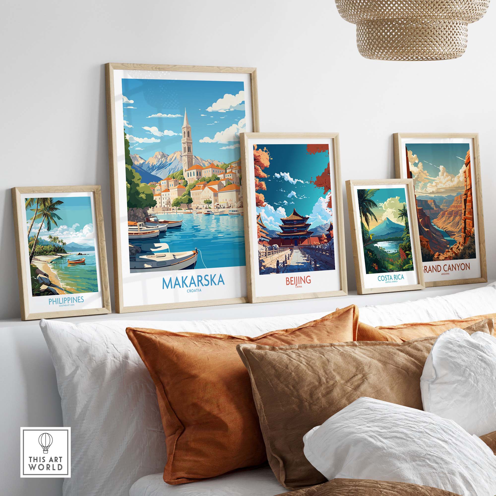 Colorful travel wall art including Makarska, Croatia, showcasing landscapes and culture from various destinations.