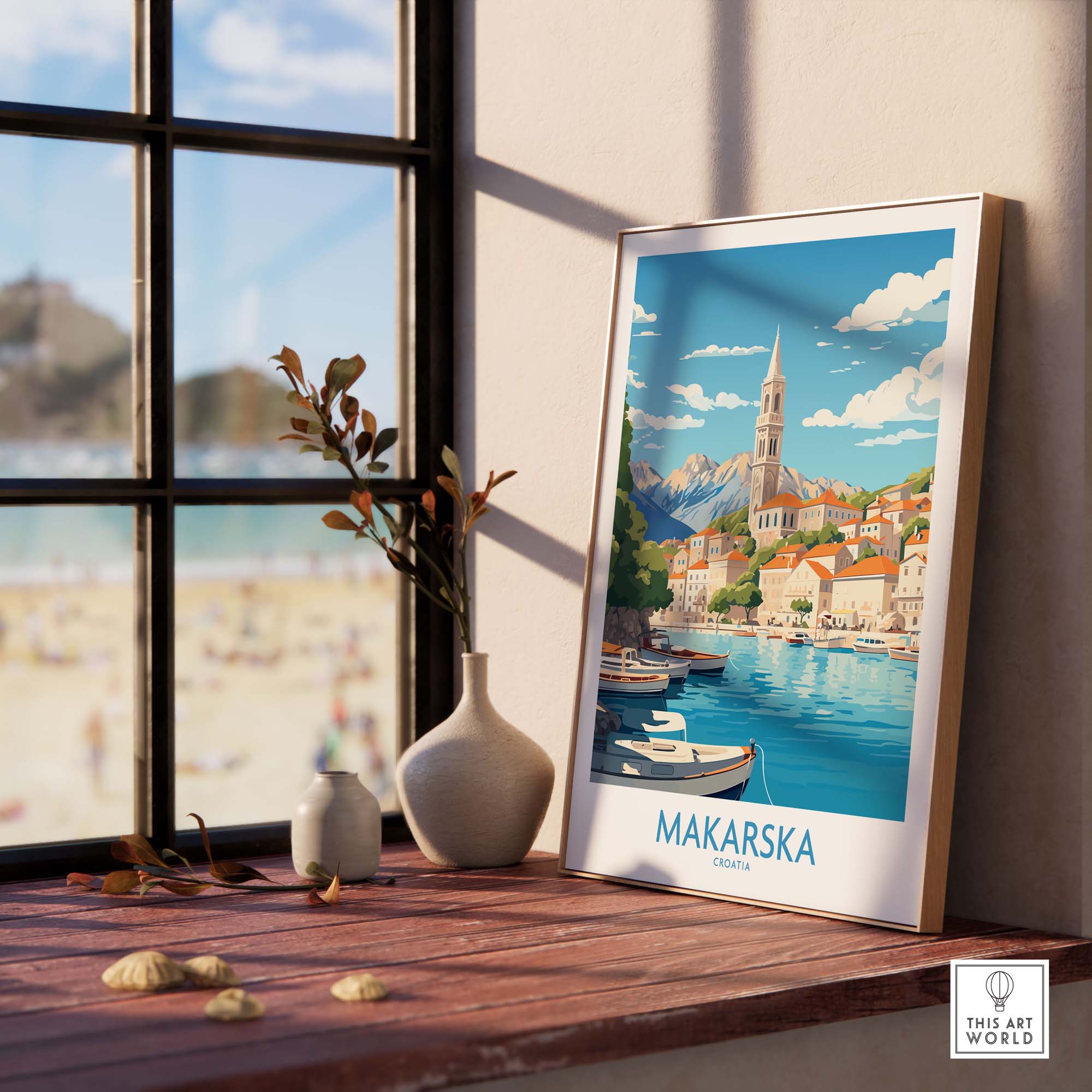 Makarska wall art print featuring scenic coastal view of Croatia with mountains and boats, displayed in a stylish interior.