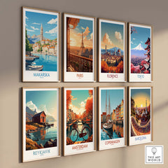 Gallery of travel wall art prints featuring Makarska, Paris, Florence, Tokyo, Reykjavik, Amsterdam, Copenhagen, and Barcelona.