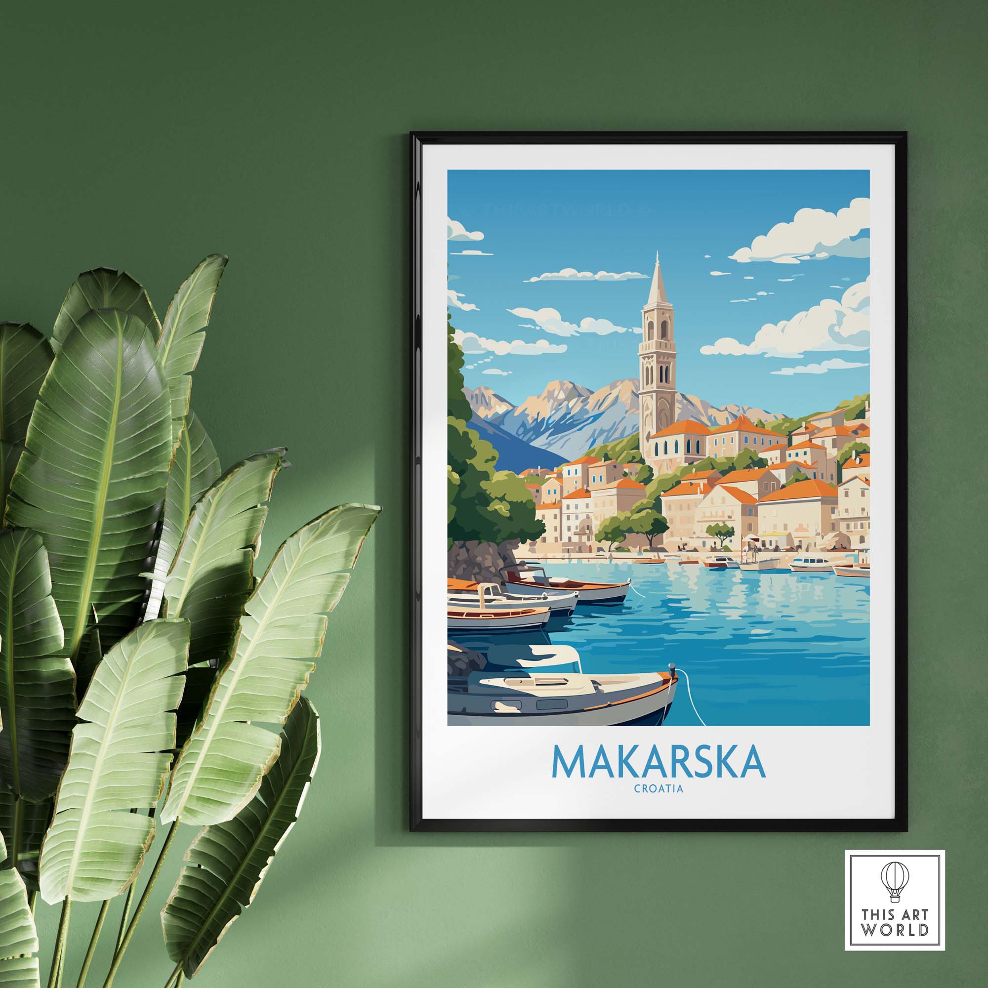 Framed Makarska wall art showcasing a vibrant coastal view of Makarska, Croatia, with boats and mountains.