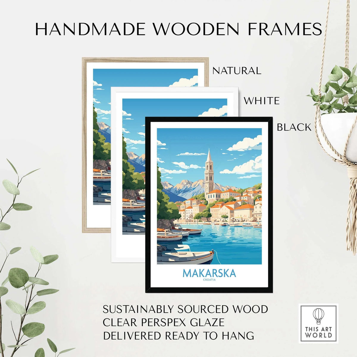 Handmade wooden frames showcasing Makarska wall art prints, available in natural, white, and black finishes.