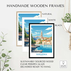 Handmade wooden frames showcasing Makarska wall art prints, available in natural, white, and black finishes.