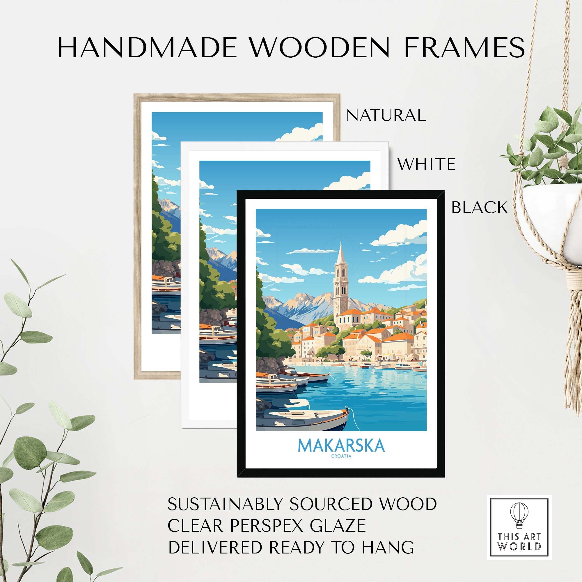 Handmade wooden frames showcasing Makarska wall art prints, available in natural, white, and black finishes.