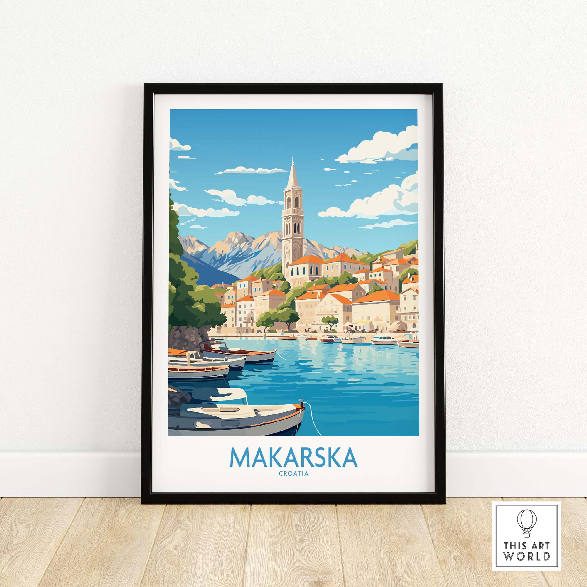 Colorful Makarska wall art print featuring coastal views and mountains of Croatia.