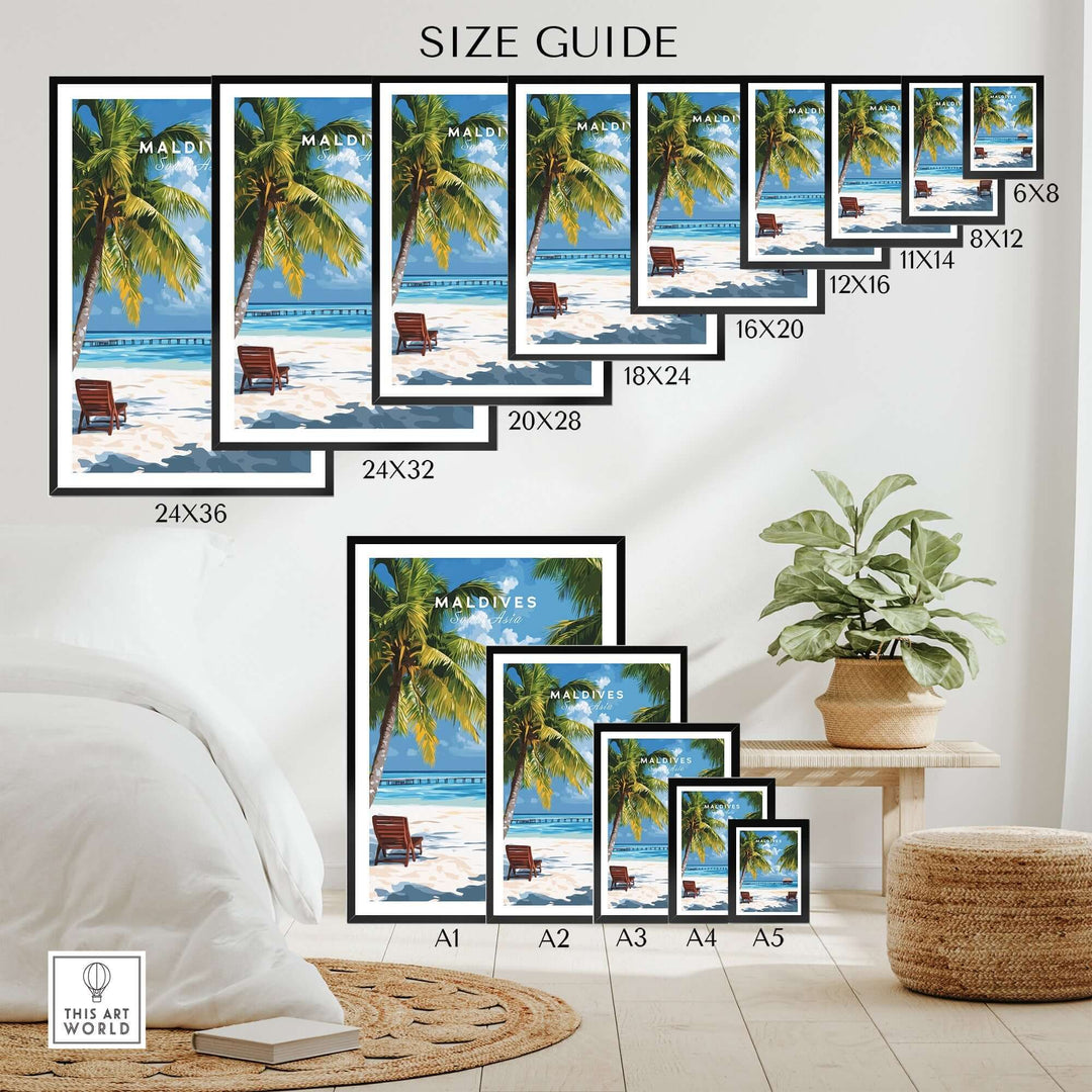 Size guide for Maldives poster featuring tropical beach scene with various frame sizes displayed in a stylish interior setting.