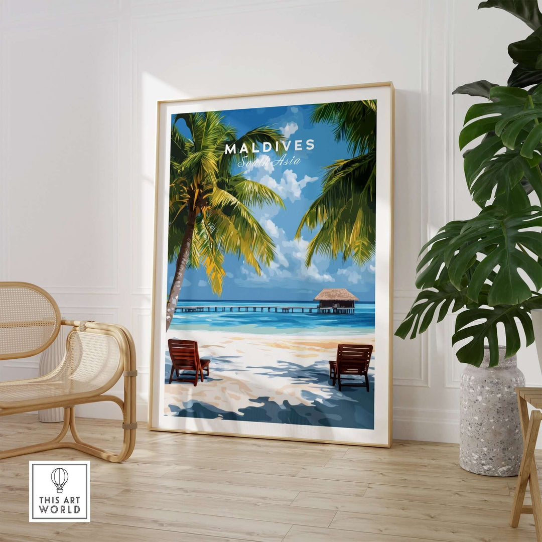 Maldives poster featuring a tropical beach scene with palm trees and lounge chairs in a stylish interior setting.