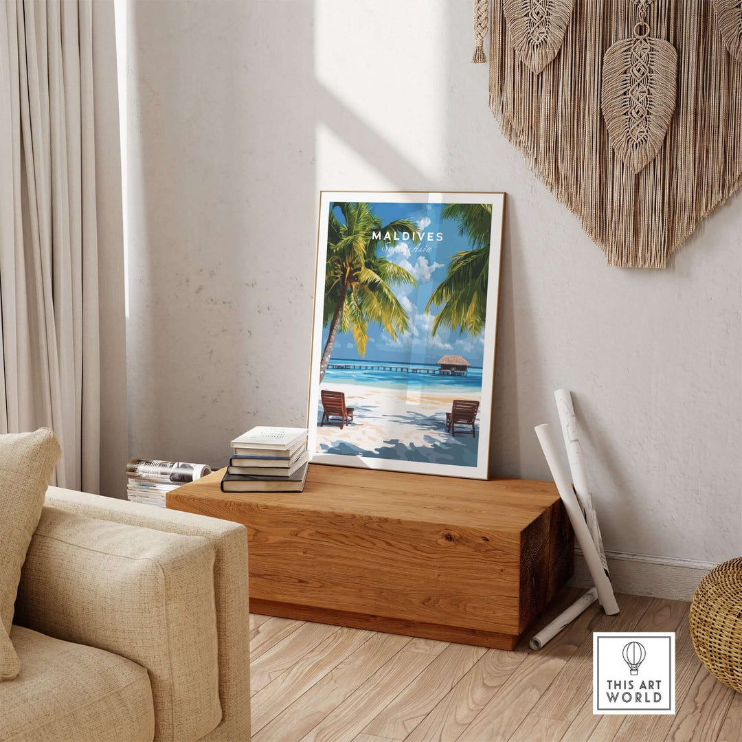 Maldives poster featuring a serene tropical beach scene with palm trees and lounge chairs, perfect for home decor.