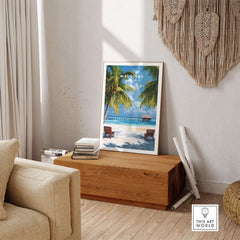 Maldives Poster - Tropical Beach Scene displayed in a cozy living room with natural decor.