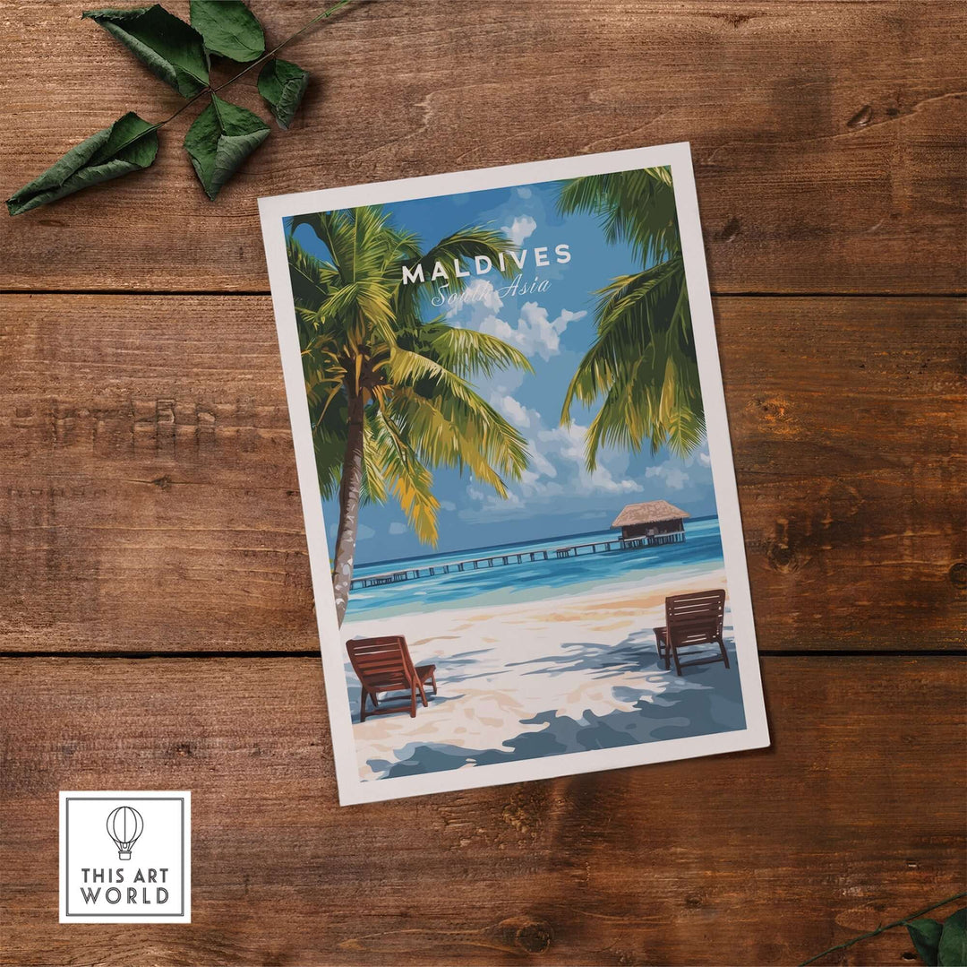 Maldives poster featuring a tropical beach scene with palm trees and lounge chairs on a sandy shore.