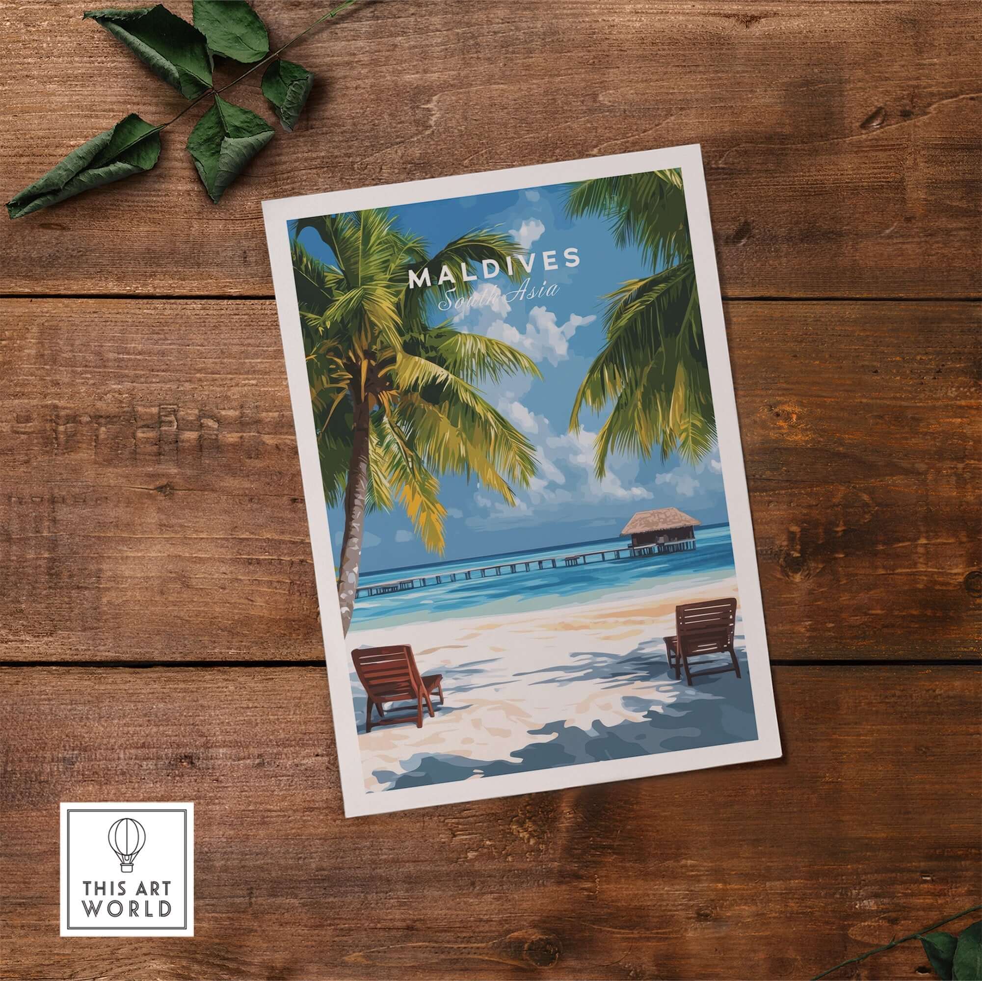 Maldives Poster - Tropical Beach Scene featuring palm trees and beach chairs by crystal clear waters.