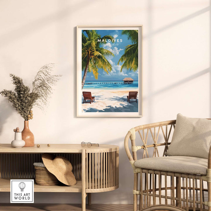 Maldives poster featuring a tropical beach scene with palm trees and lounge chairs, perfect for home decor.