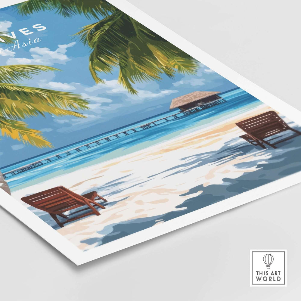 Maldives poster featuring a tropical beach scene with palm trees, calm waters, and beach chairs for a serene ambiance.