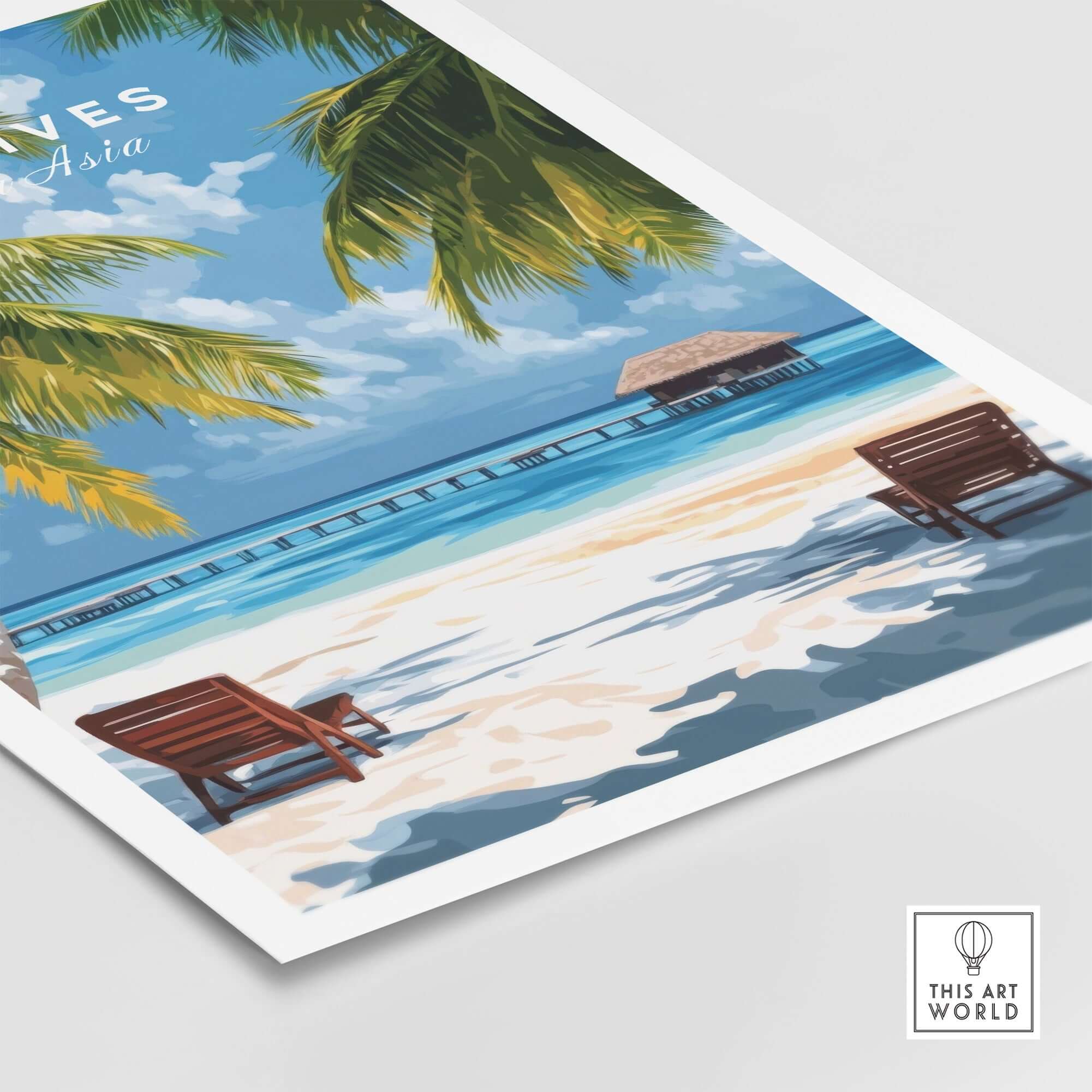Maldives Poster - Tropical Beach Scene featuring a paradise beach with palm trees and lounge chairs.
