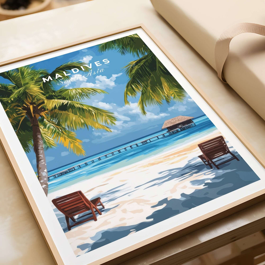 Maldives poster featuring a tropical beach scene with palm trees, loungers, and a scenic pier in bright colors.