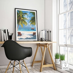 Maldives Poster - Tropical Beach Scene displayed in a modern home office setting with a view of palm trees.
