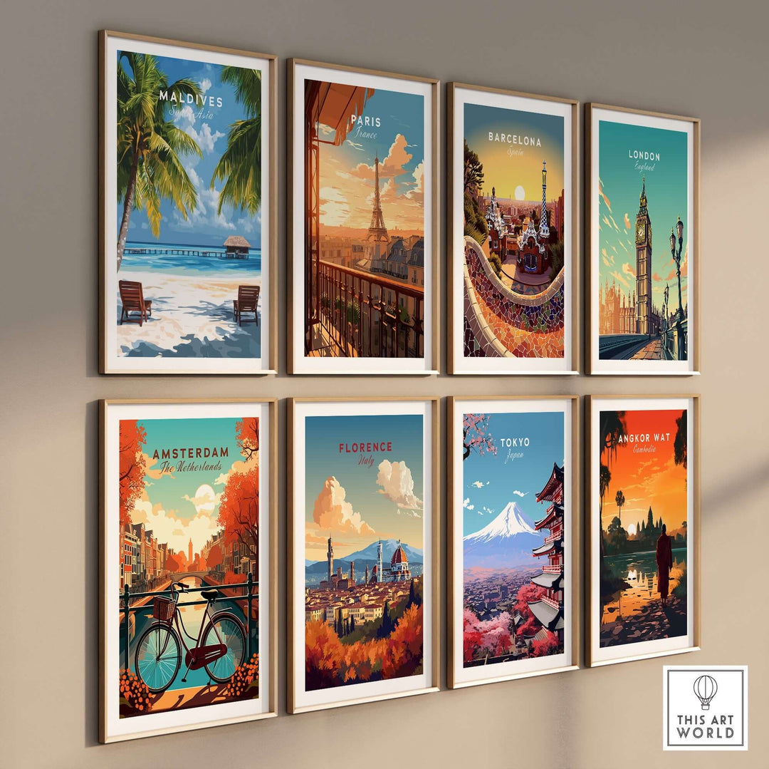 Set of vibrant travel posters featuring iconic cities like Maldives, Paris, and Tokyo, perfect for home decor.