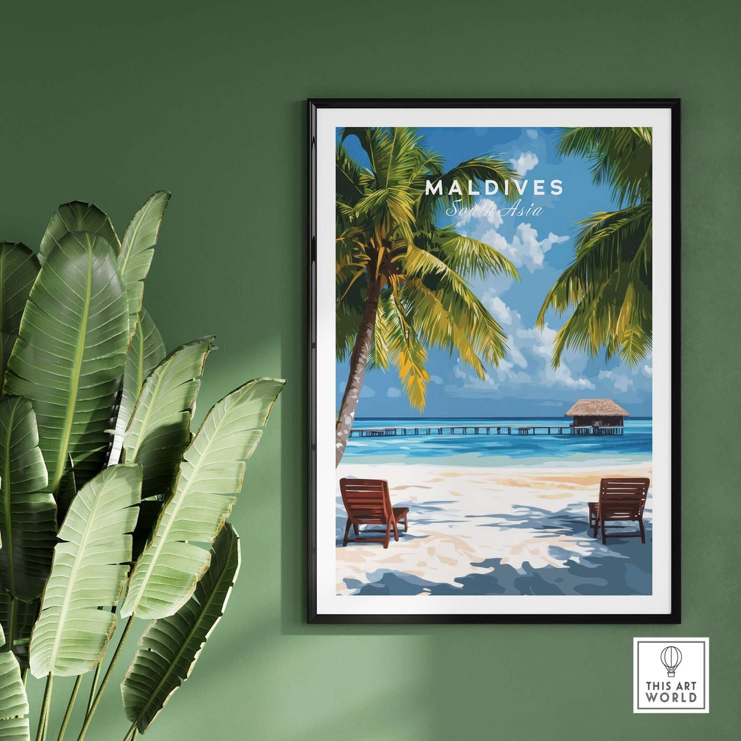 Maldives poster featuring a tropical beach scene with palm trees and beach chairs in a serene setting.