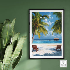 Maldives Poster - Tropical Beach Scene featuring palm trees and a serene beach view.
