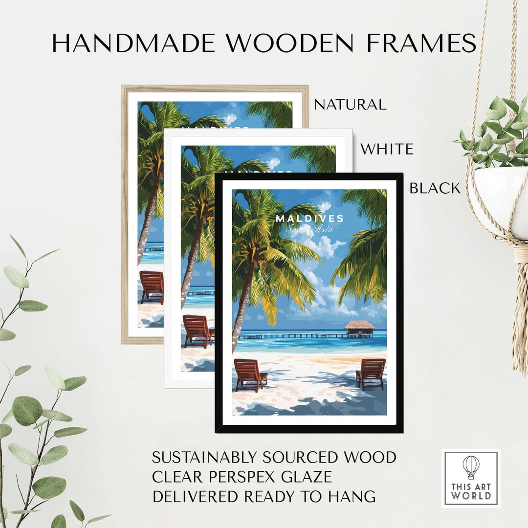 Handmade wooden frames in natural, white, and black for Maldives tropical beach poster, showcasing sustainable materials.