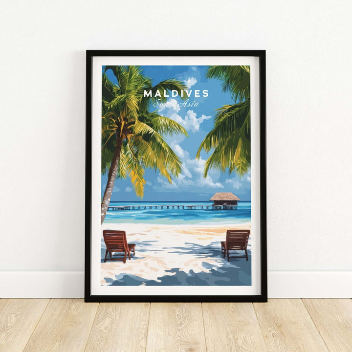 Maldives poster showcasing a tropical beach scene with palm trees and lounge chairs, perfect for home decor.