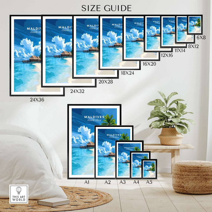 Size guide for Maldives Print showcasing tropical beach artwork in various frame sizes on a modern interior wall.