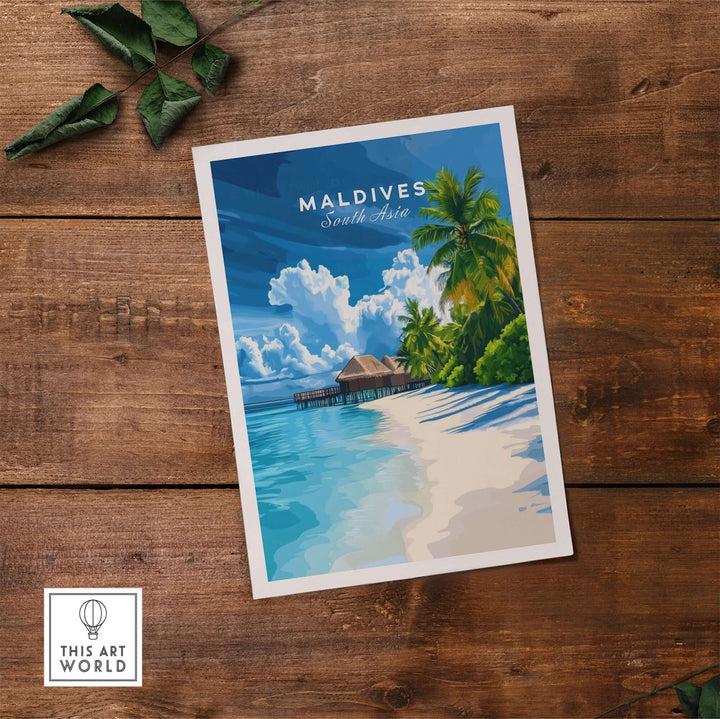 Maldives tropical beach print showcasing a vibrant seascape with palm trees and a pier against a blue sky.