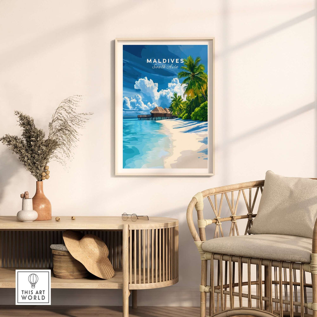 Maldives print featuring a tropical beach scene with palm trees and a serene ocean view, perfect for decor.