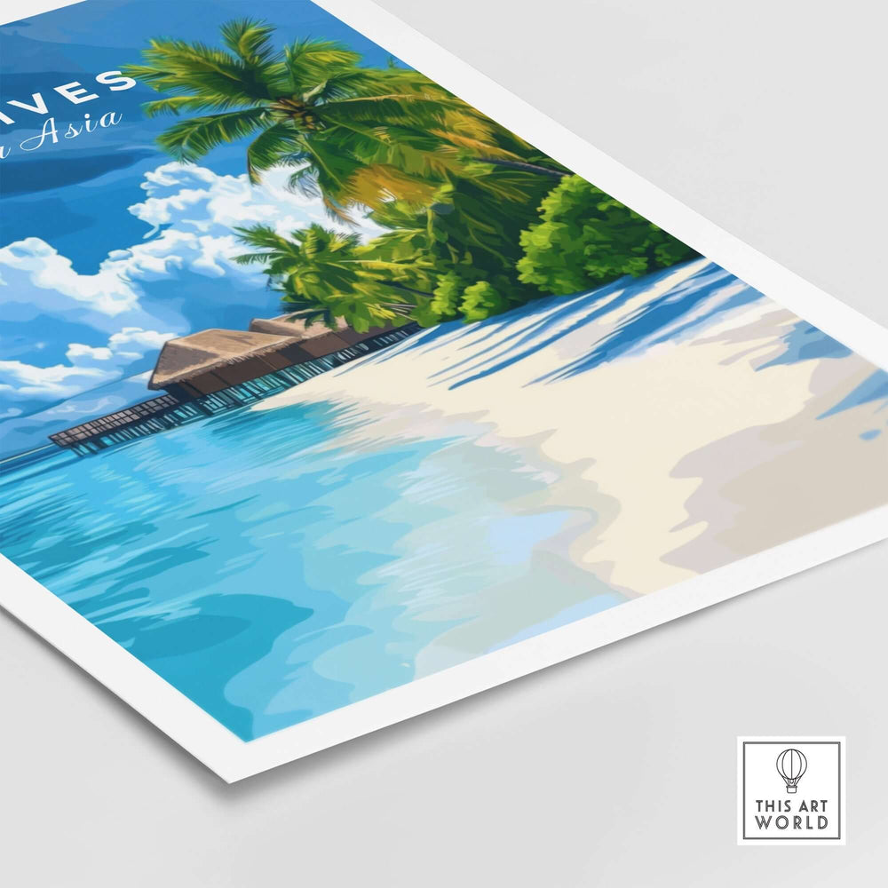 Maldives print featuring a serene tropical beach with palm trees and a clear blue sky. Perfect for decor lovers.