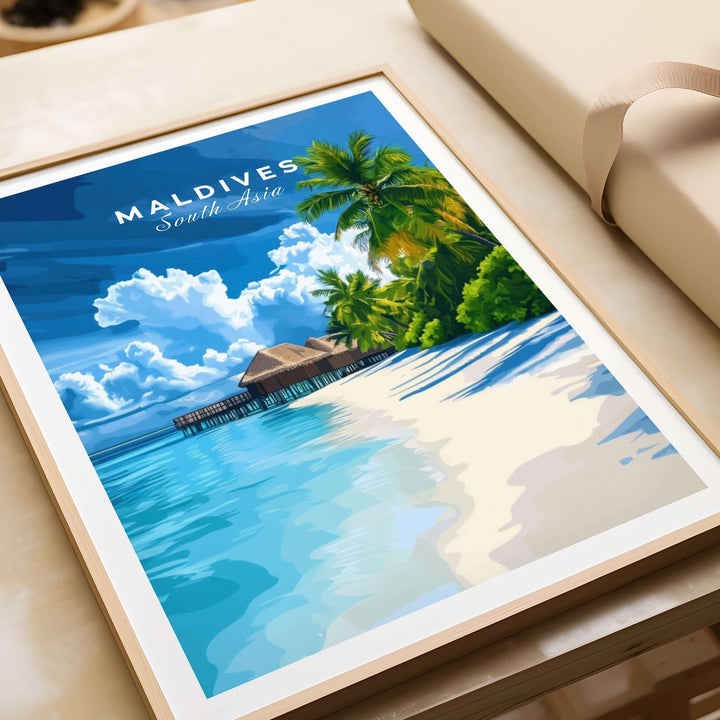 Colorful Maldives print featuring a tropical beach scene with palm trees and a wooden dock on crystal clear waters.