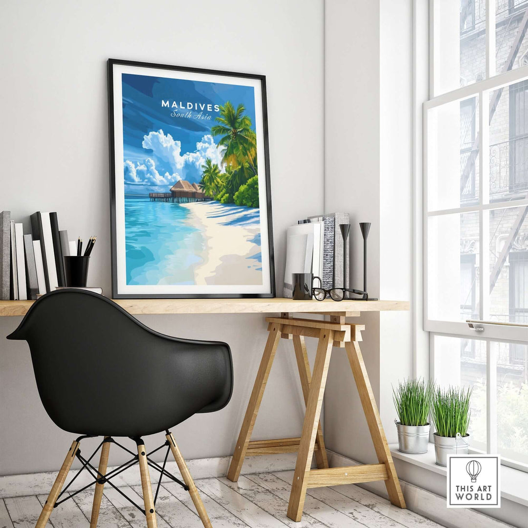 Tropical beach print of the Maldives displayed in a stylish home office with a modern chair and desk.