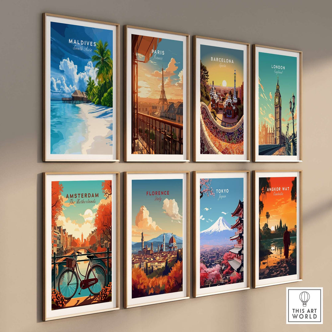 Gallery wall featuring colorful travel prints, including Maldives beach, Paris, Barcelona, London, and more.