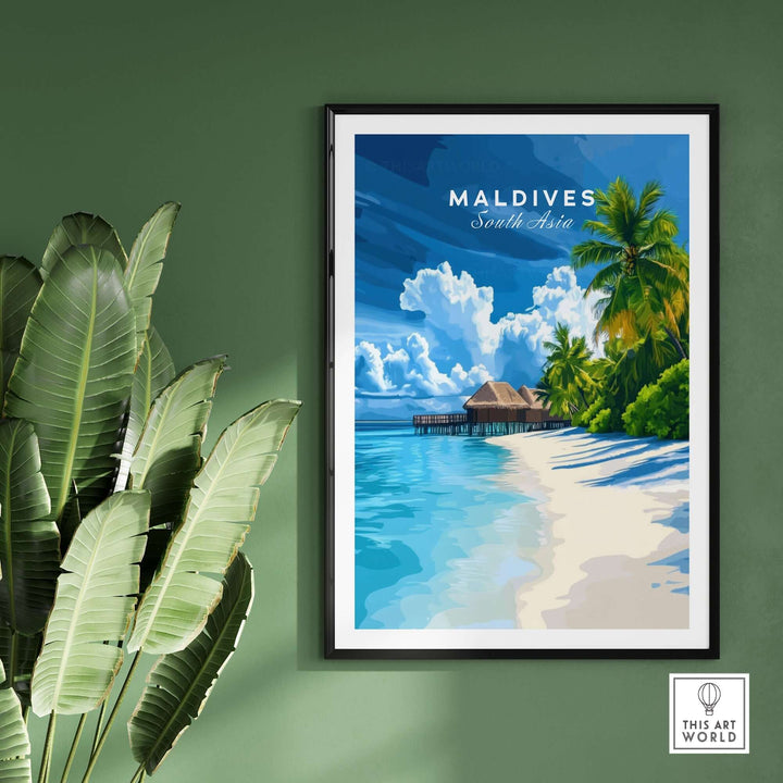 Maldives print showcasing a tropical beach with palm trees and clear blue water, perfect for decor.