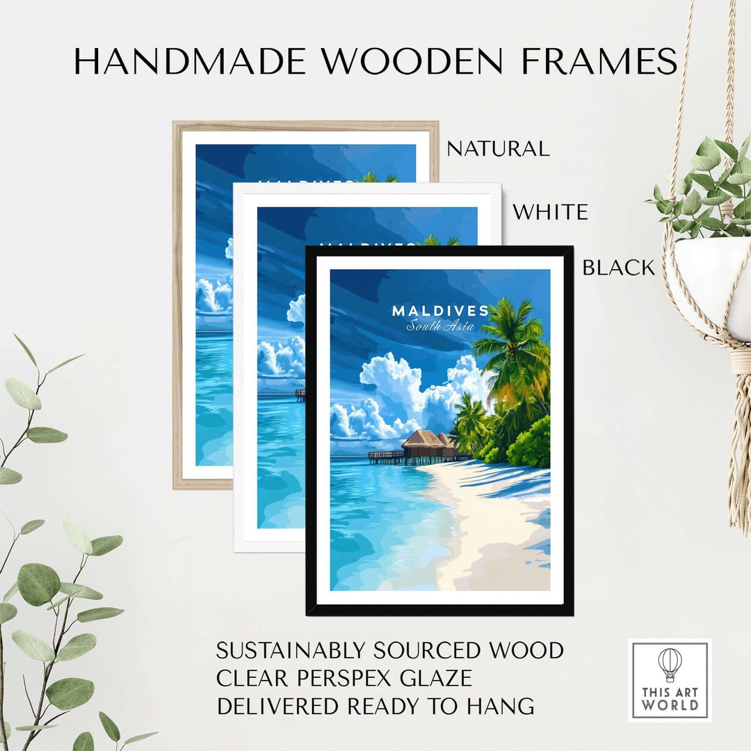 Handmade wooden frames showcasing a tropical Maldives beach print in natural, white, and black options, ready to hang.