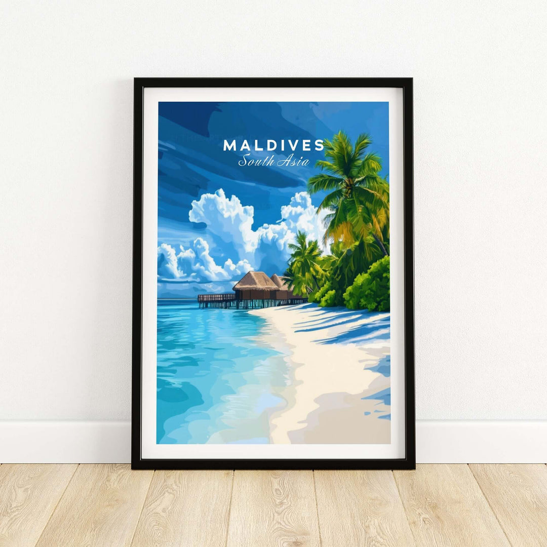 Maldives print featuring a tropical beach scene with palm trees and a beachfront bungalow. Perfect for beach lovers.