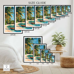 Size guide for Maldives Travel Print showcasing different frame sizes for beach scene decor.