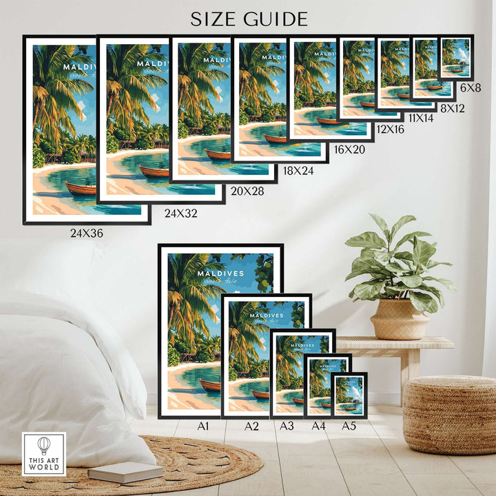 Size guide for Maldives travel print showcasing various frame sizes and decor settings for home styling.