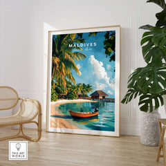 Maldives Travel Print featuring a beautiful beach scene with a boat and tropical plants, perfect for home decor.