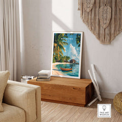 Maldives Travel Print showcasing a beautiful beach scene with palm trees and a boat, perfect for home decor.