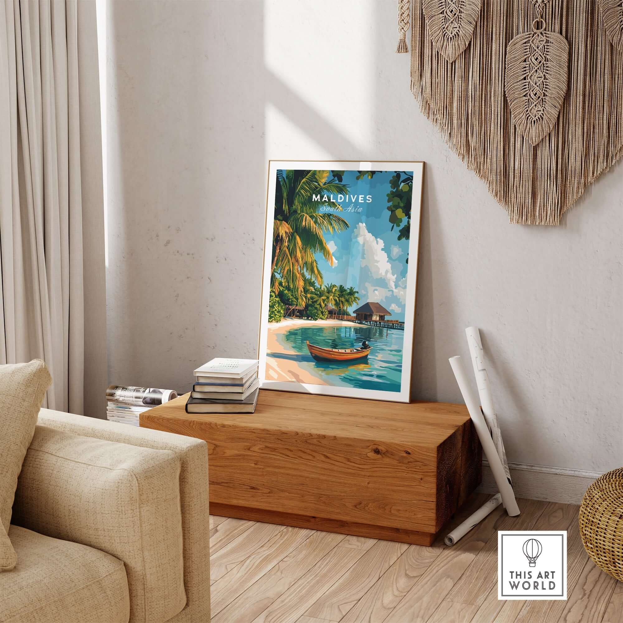 Maldives Travel Print showcasing a beautiful beach scene with palm trees and a boat, perfect for home decor.