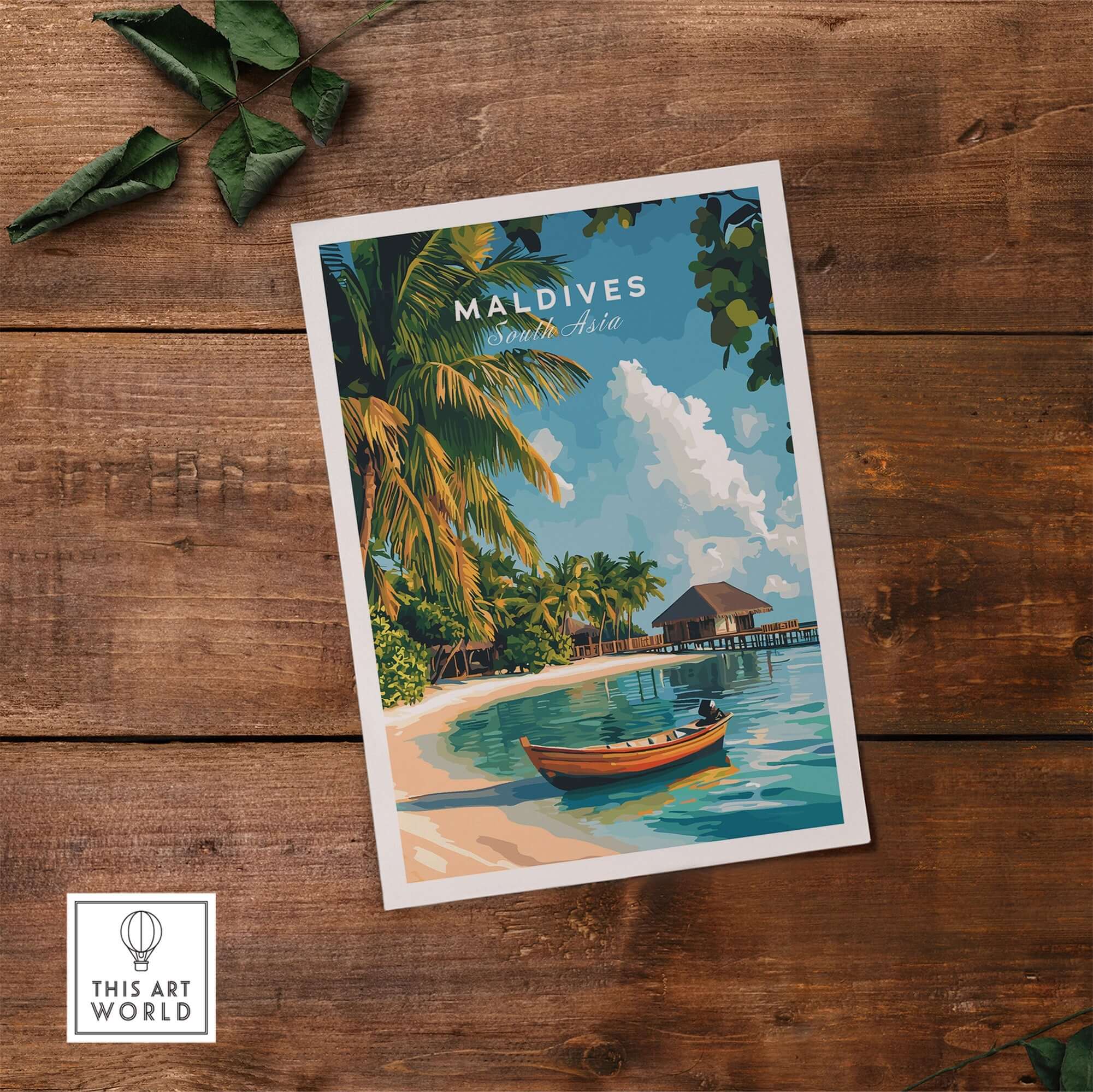 Maldives Travel Print showcasing a beautiful beach scene with a boat, palm trees, and a serene blue sky.