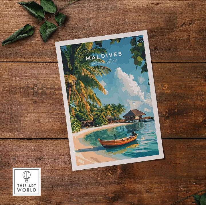 Maldives travel print featuring a serene beach scene with palm trees and a wooden boat on crystal clear water.