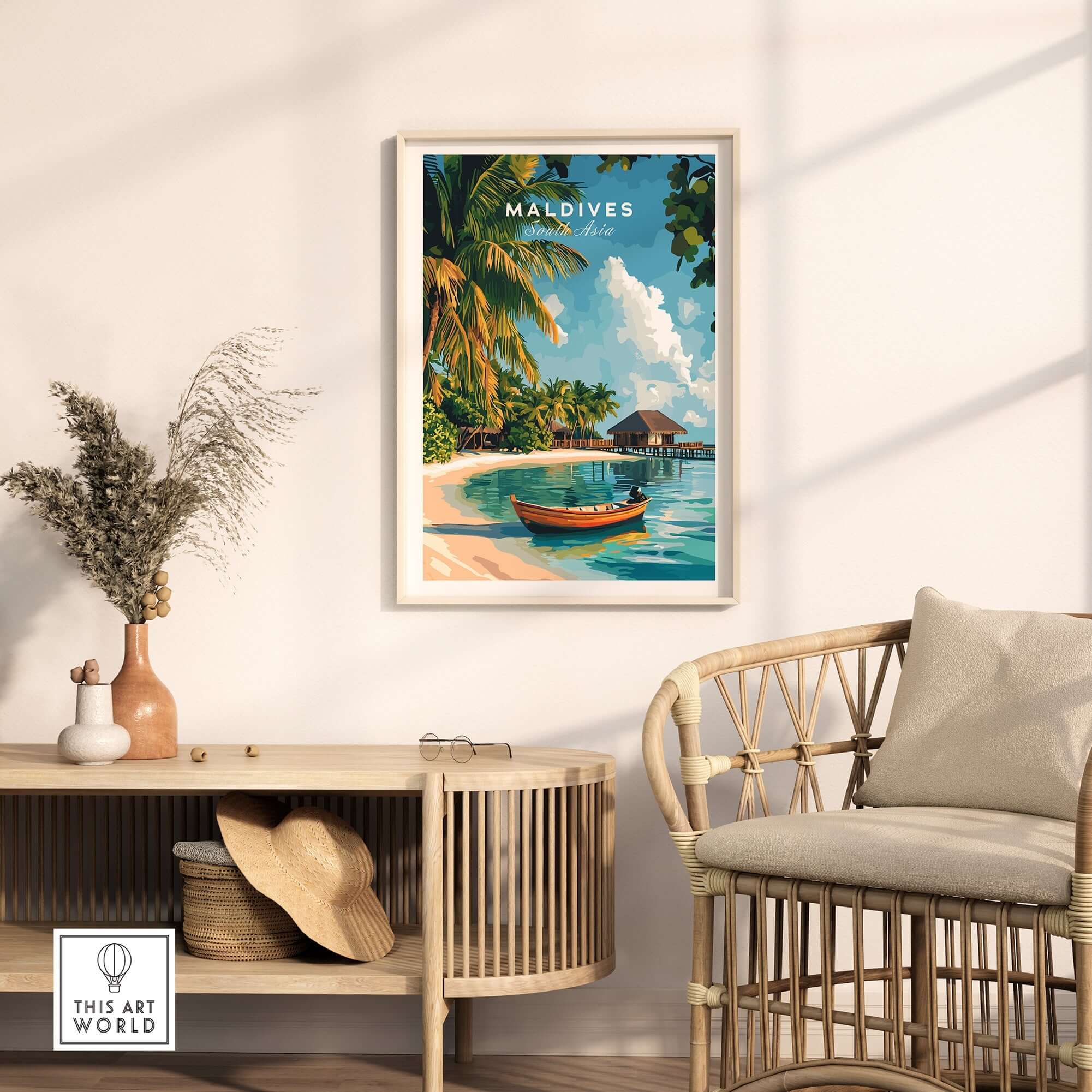 Maldives Travel Print showcasing a beautiful beach scene with palm trees and a boat, perfect for home decor.