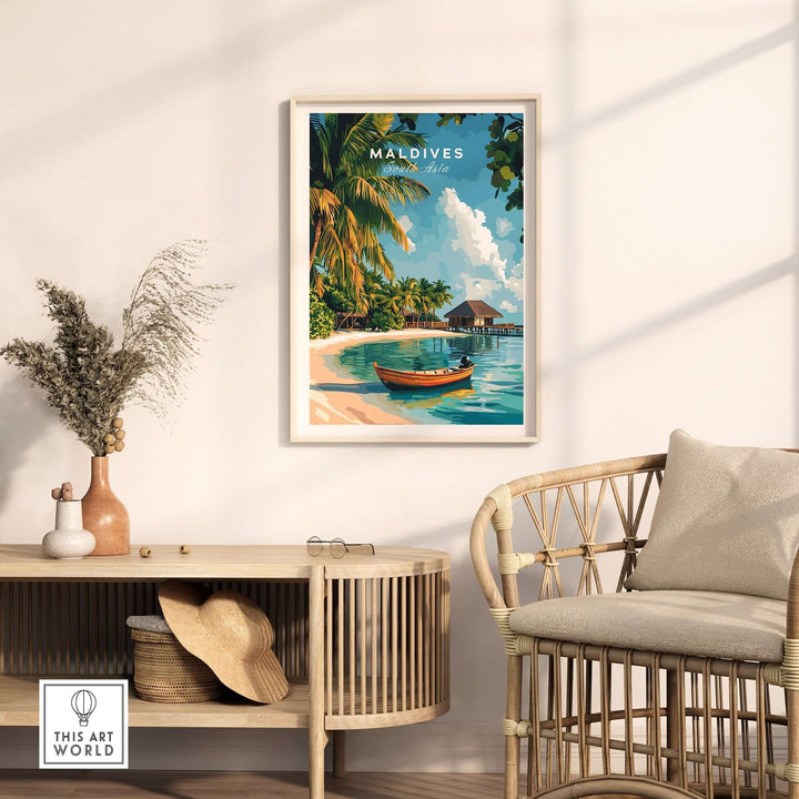 Colorful Maldives travel print featuring a boat and tropical scenery, perfect for coastal home decor.