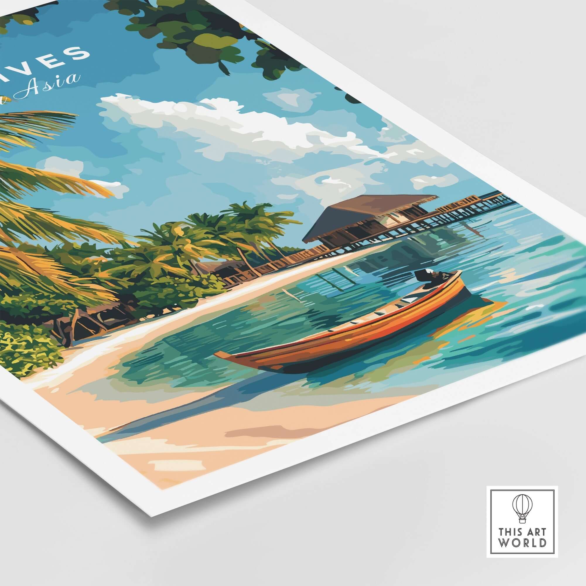 Maldives Travel Print featuring a serene beach scene with boat amidst lush greenery and clear waters.