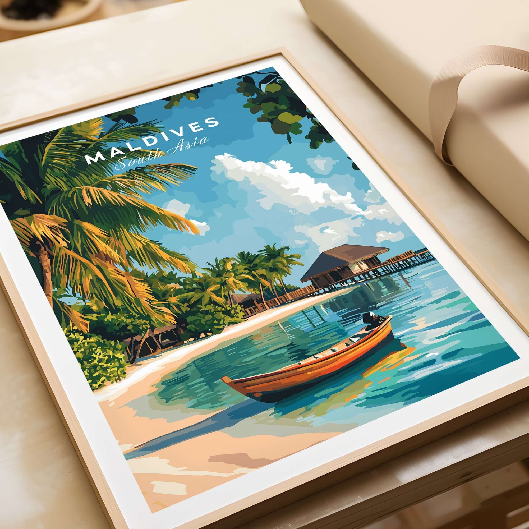Maldives Travel Print showcasing a vibrant beach scene with a boat, palm trees, and tropical vibes.