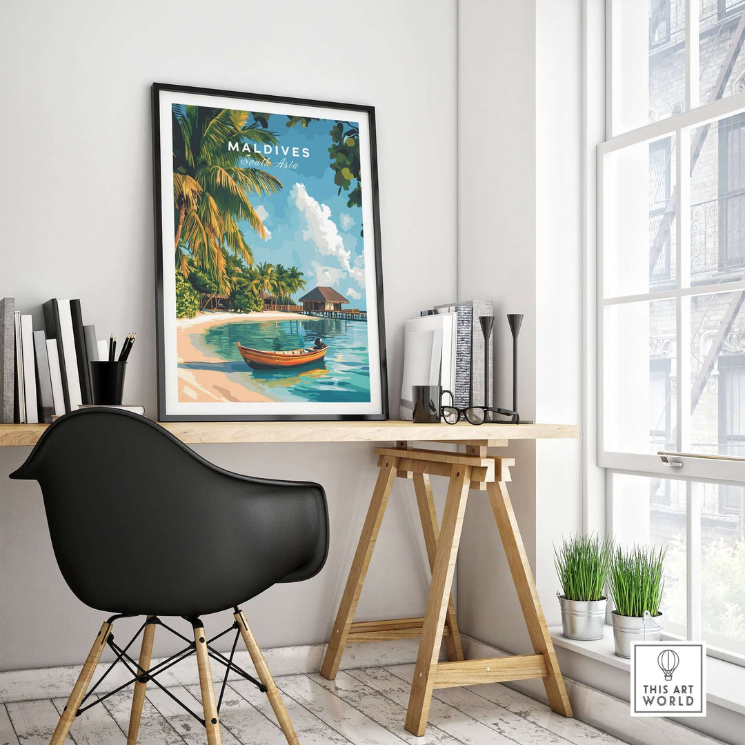 Maldives travel print displayed in a modern home office setting with a stylish black chair and natural light.