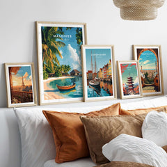 Maldives Travel Print in stylish frames showcasing beautiful beach artwork and travel destinations.