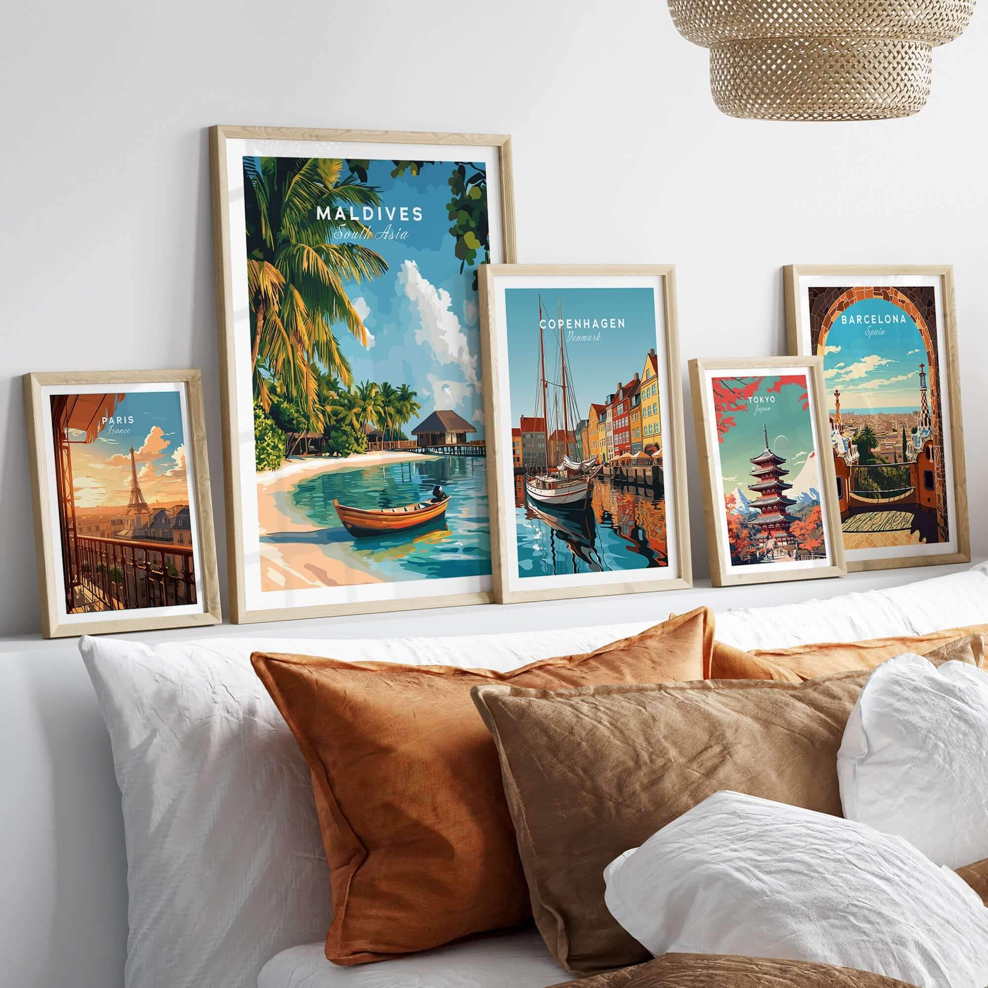 Maldives Travel Print in stylish frames showcasing beautiful beach artwork and travel destinations.