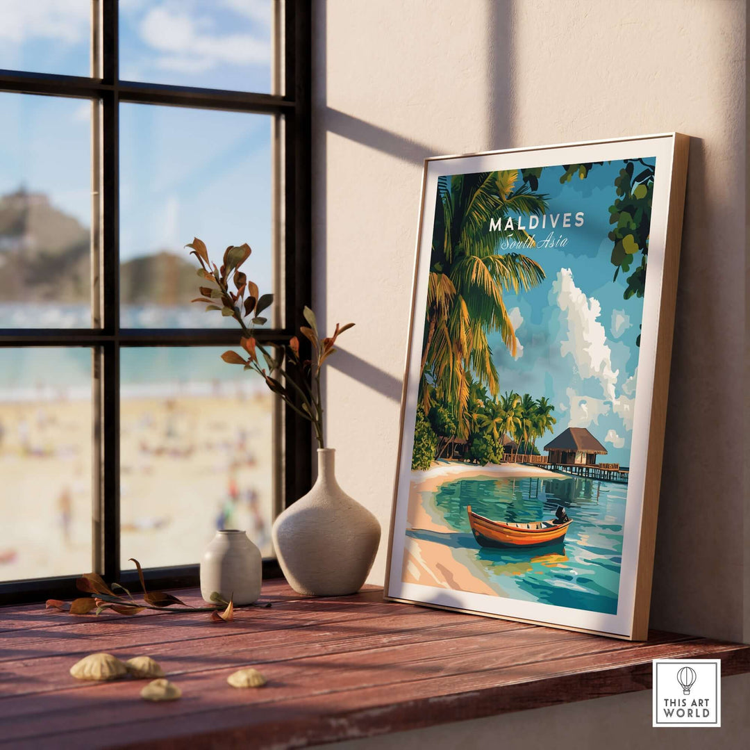 Maldives travel print displayed in a framed artwork, featuring a tropical beach scene with palm trees and a boat.