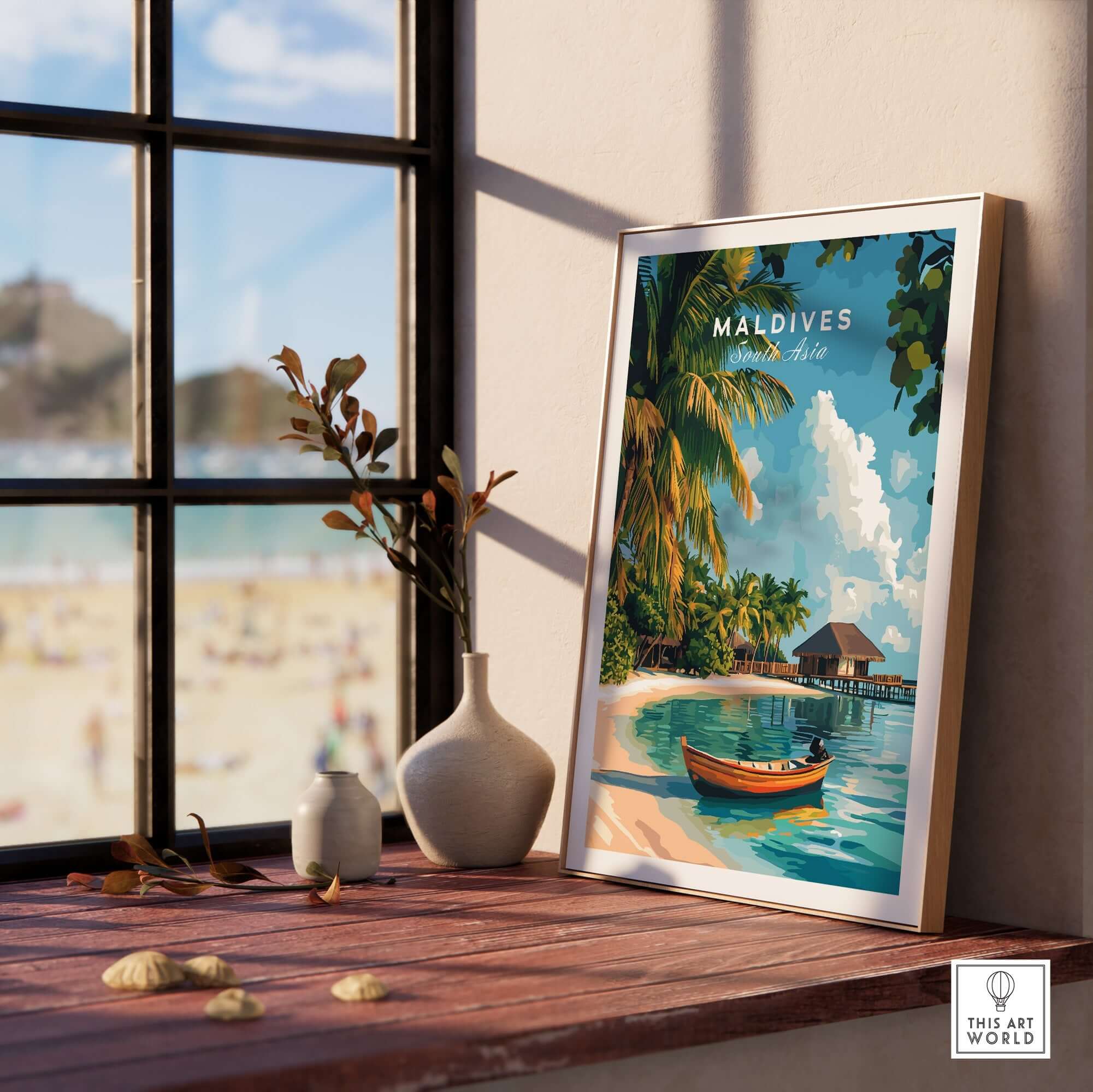 Maldives Travel Print featuring a vibrant beach scene with a boat and palm trees, perfect for travel lovers.